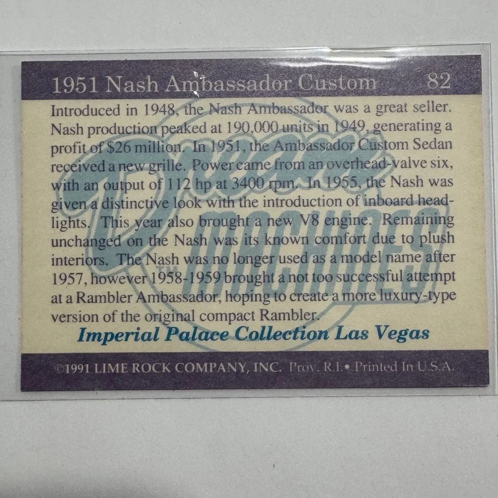1951 Nash Ambassador Custom Automobile Dream Machines Trading Card Imperial 1991
